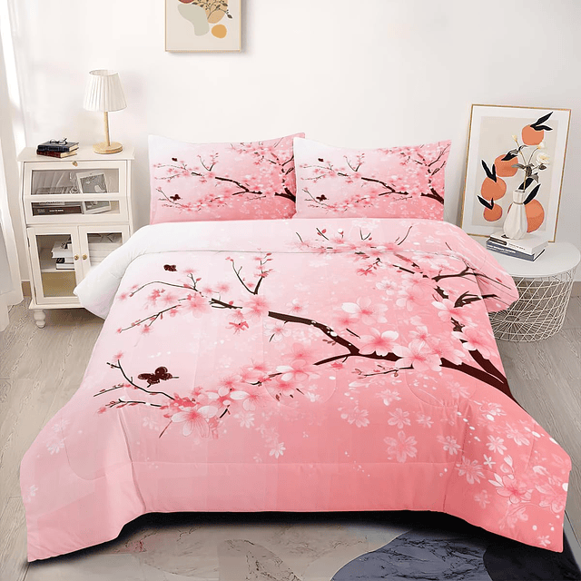 Juego de cama de cerezo tamaño king, juego de edredón floral