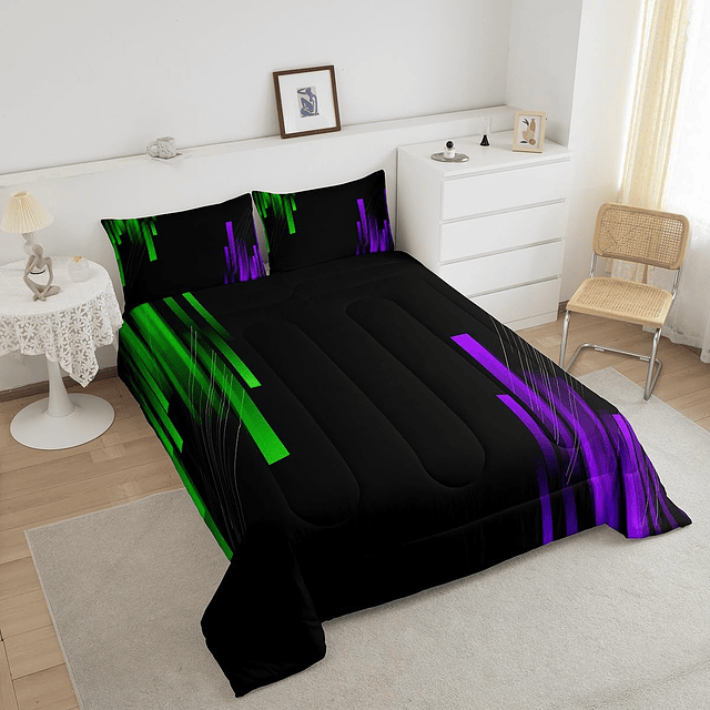 Juego de cama de rayas geométricas, color morado, verde y ne