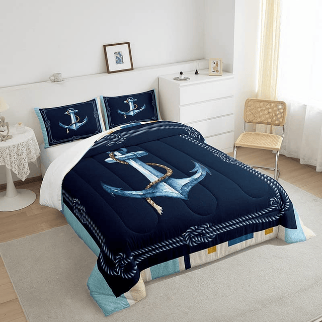 Juego de ropa de cama náutica con decoración de ancla de acu