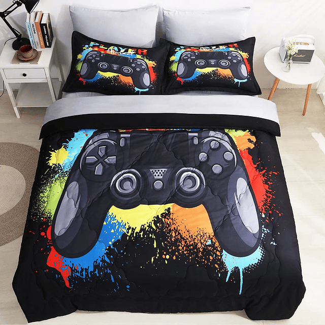 Juego de edredón para niños Gamer, cama tamaño completo en u