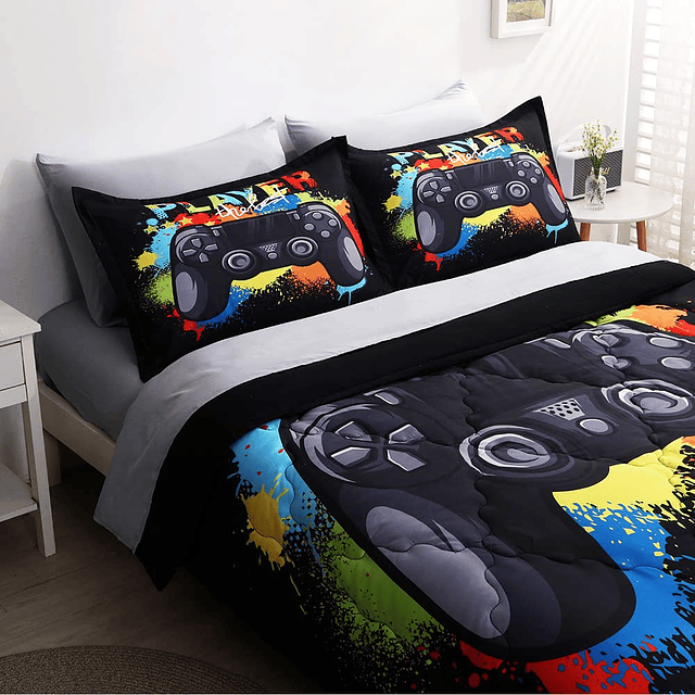 Juego de edredón para niños Gamer, cama tamaño completo en u