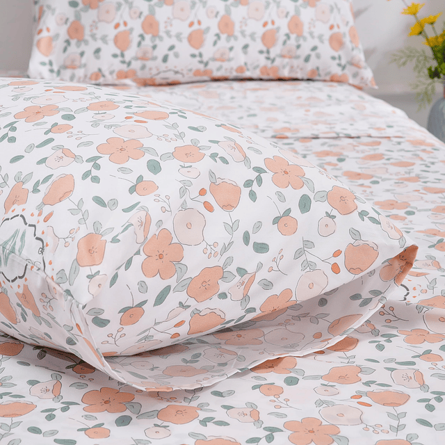 Juego de sábanas con estampado floral naranja, tamaño doble,