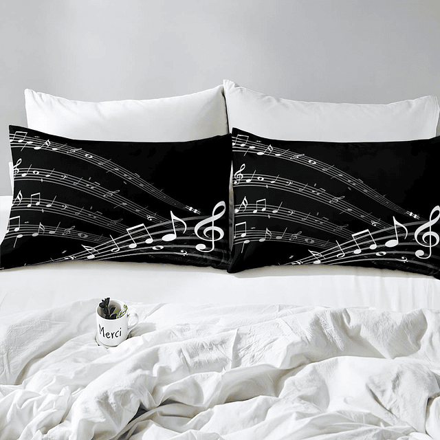 Juego de ropa de cama con notas musicales, funda de edredón