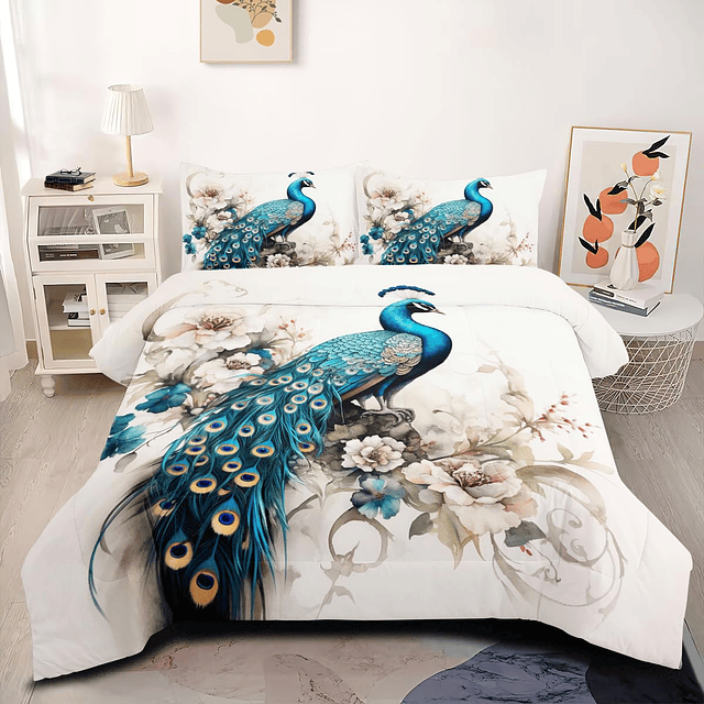 Ropa de Cama de Pavo Real para niñas, edredón Floral Azul y