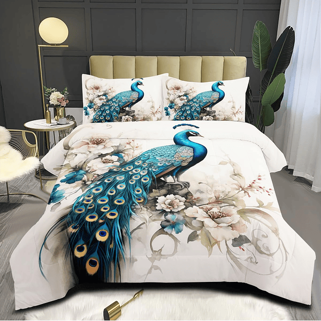 Ropa de Cama de Pavo Real para niñas, edredón Floral Azul y