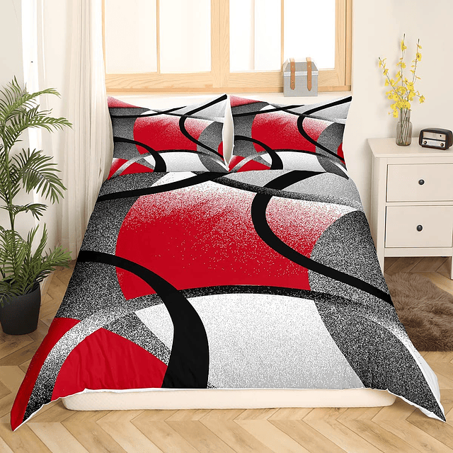 Juego de ropa de cama geométrica tamaño Queen niños rojo gri