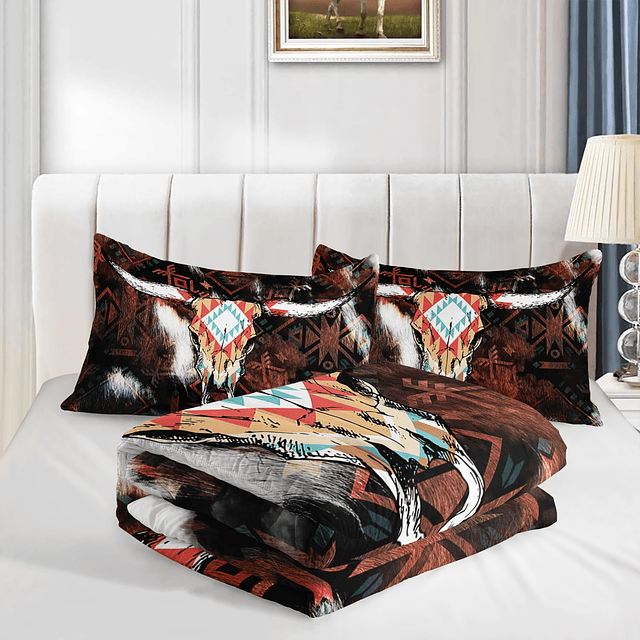 Western Boho Juego de cama Queen, edredón de vaca Highland,