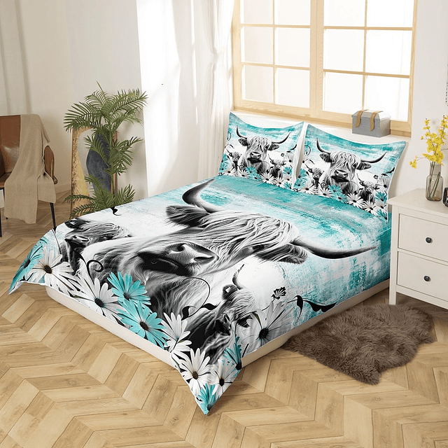 Juego de cama con estampado de vaca Highland, tamaño Queen,