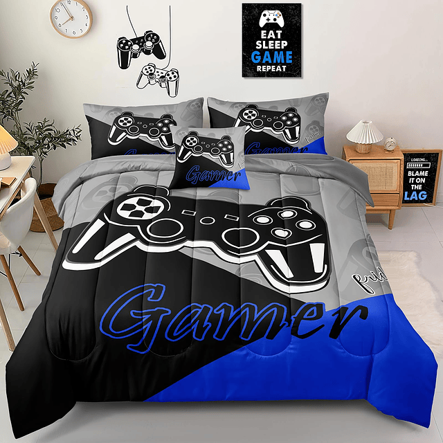 Juego de cama de 6 piezas para videojuegos, tamaño Queen par