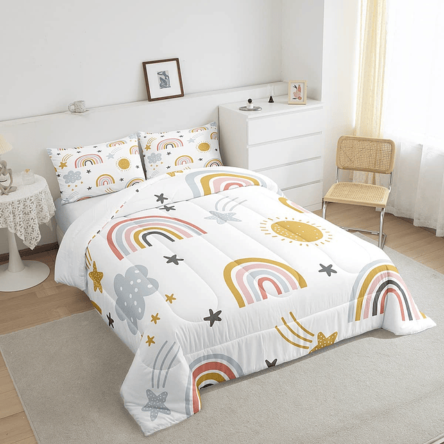 Juego de ropa de cama para niñas, diseño de arcoíris, sol y