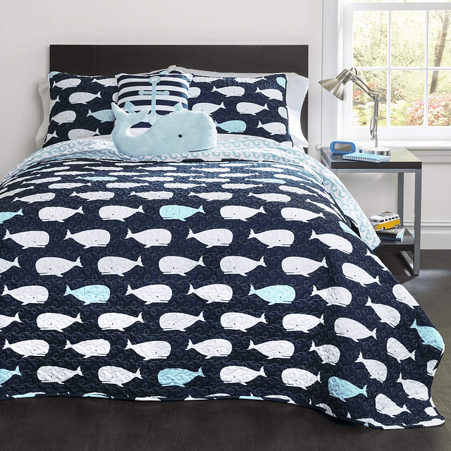 Whale Kids - Juego de cama reversible de 4 piezas con funda