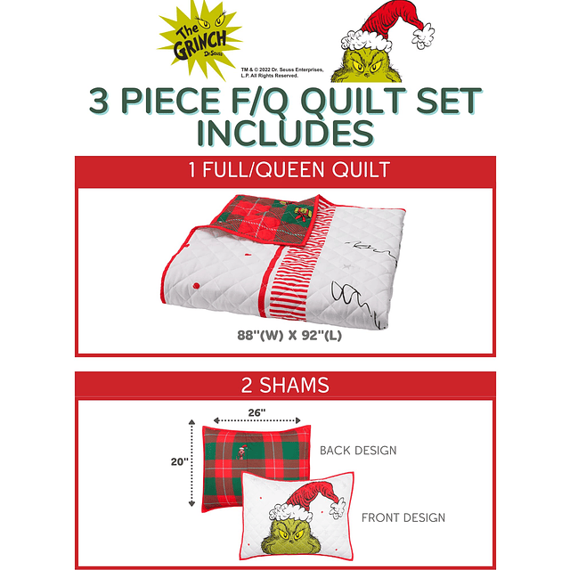 Grinch by Dr. Seuss Holiday Bedding Juego de funda de almoha