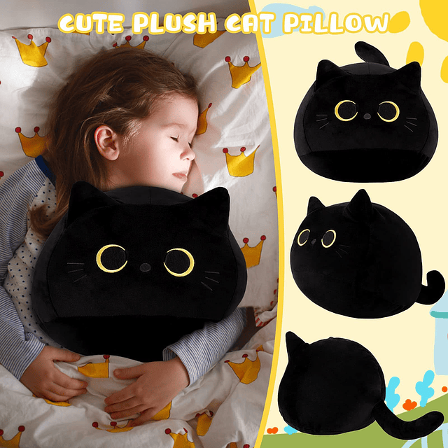 Juguete de peluche de gato negro, almohada de gato negro de