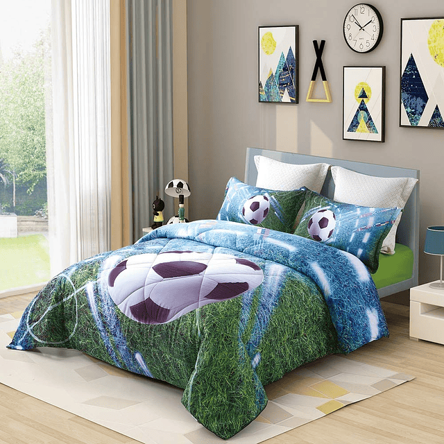 Juego de cama de fútbol, ​​color verde Queen, 5 piezas, jueg