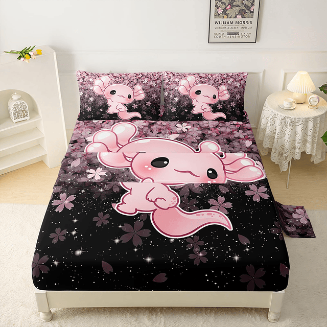 Kawaii Axolotl Ropa de cama para niños y niñas Rosa Flor de