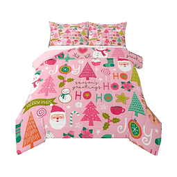 Juego de edredón de Navidad rosa, juego de cama de Papá Noel