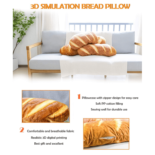 -almohada con forma de pan de simulación 3D, 40 en 3D, Bague