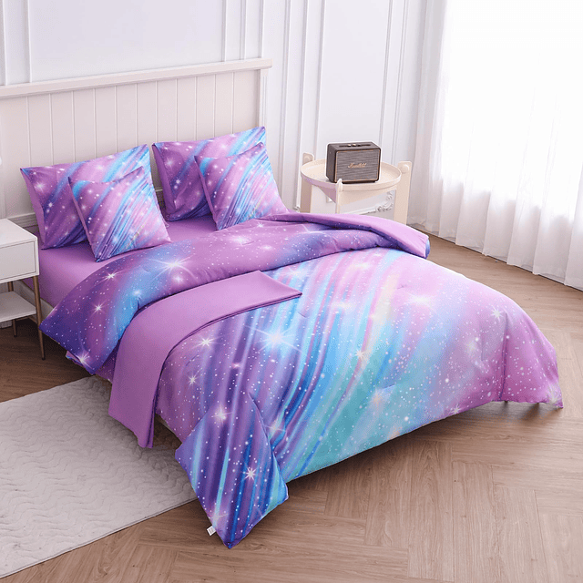 Juego de edredón doble para niñas Galaxy ropa de cama de 7 p