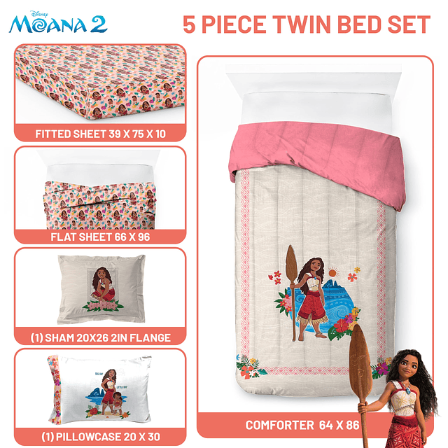 Juego de edredón individual Disney Moana – Ropa de cama de 5