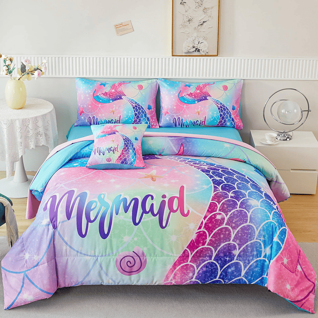 Juego de ropa de cama para niñas, diseño de sirena, colorido