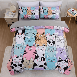 - Juego de cama con estampado de gatos de dibujos animados c