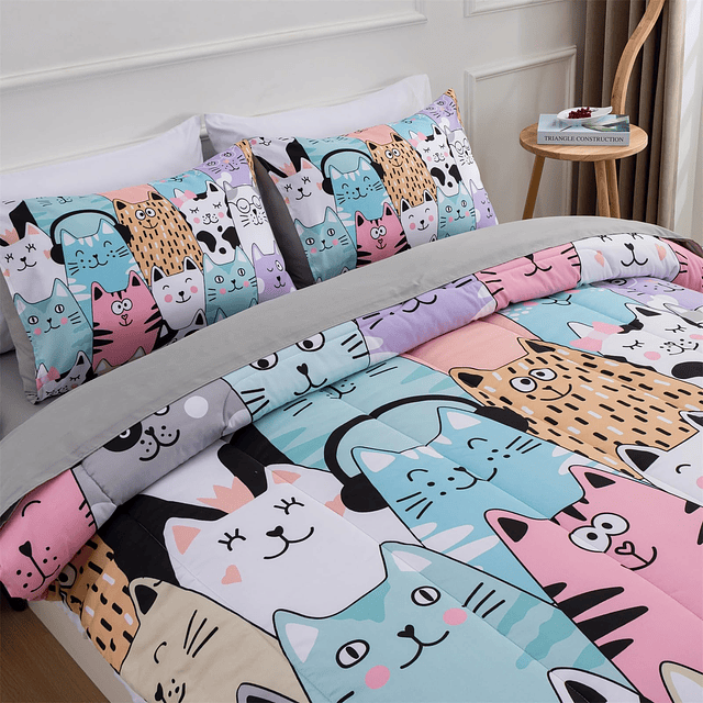 - Juego de cama con estampado de gatos de dibujos animados c