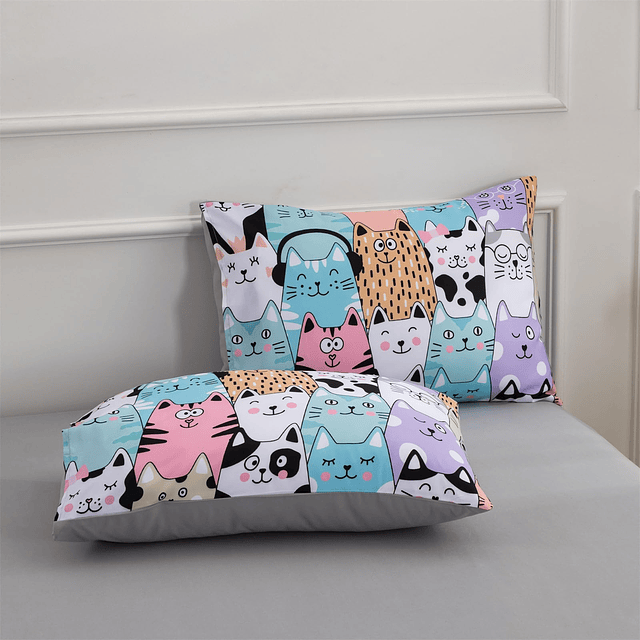 - Juego de cama con estampado de gatos de dibujos animados c