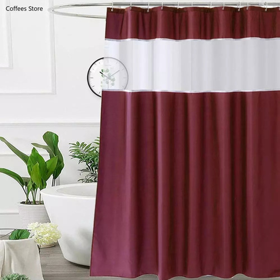 Cortina De Baño Impermeable Burdeo Sanitary Ware's Window Con 12 Ganchos Liso 2
