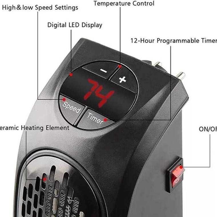 Calefactor Cerámico Handy Heater 400w Eléctrico Pared Negro Termostato 3