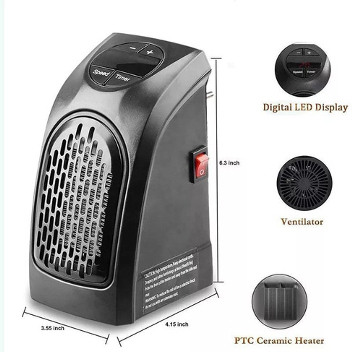 Calefactor Cerámico Handy Heater 400w Eléctrico Pared Negro Termostato 4