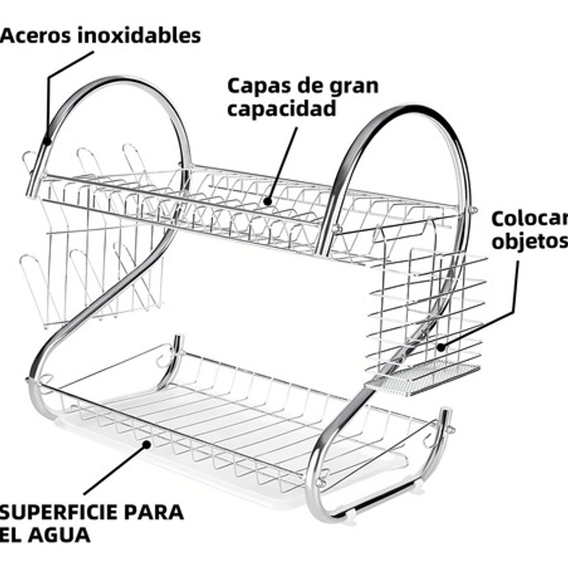 Escurridor Para Trastes De Al Aceroinox 2 Niveles Y Charola Color Plata 8