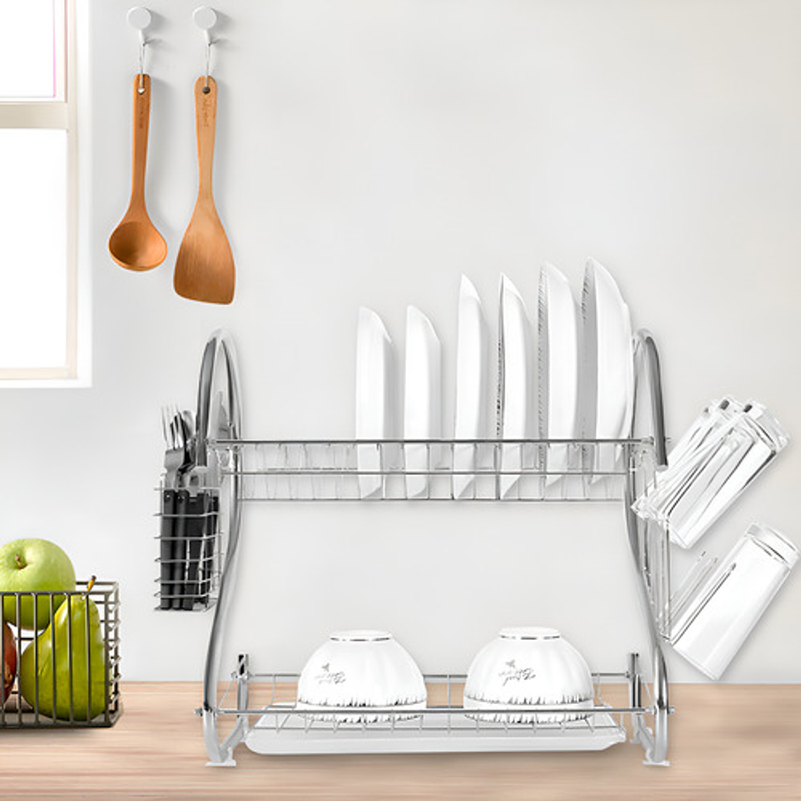 Escurridor Para Trastes De Al Aceroinox 2 Niveles Y Charola Color Plata 9