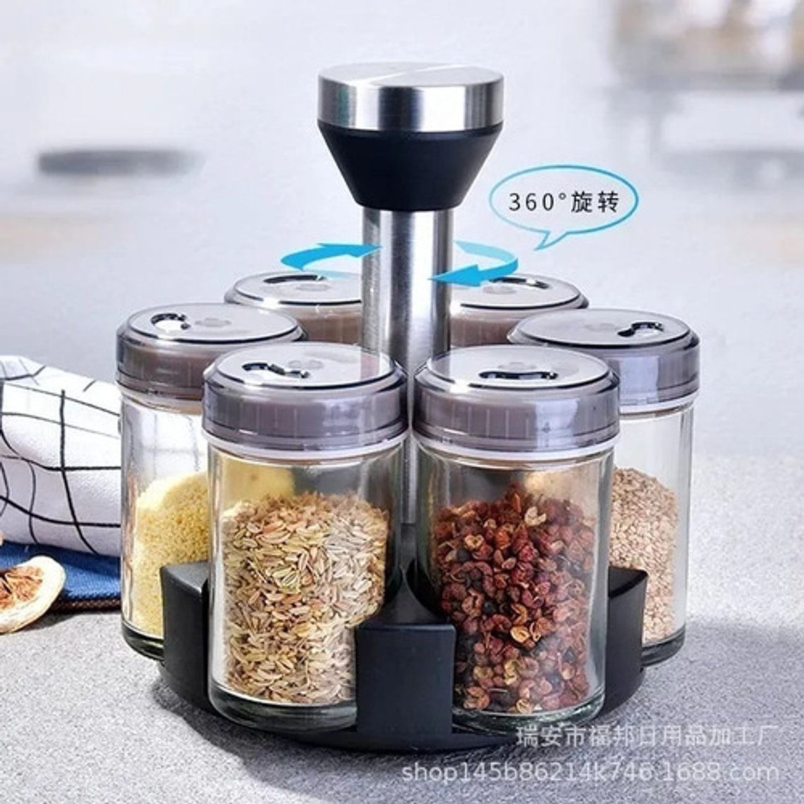 Especiero Giratorio Marca Espécies 6 Frascos Vidrio 120 Ml Mesa Gris 3