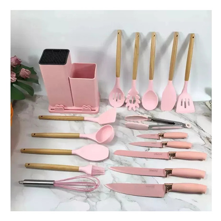 Juego Utensilios Silicona Con Soporte Madera 19 Piezas 2