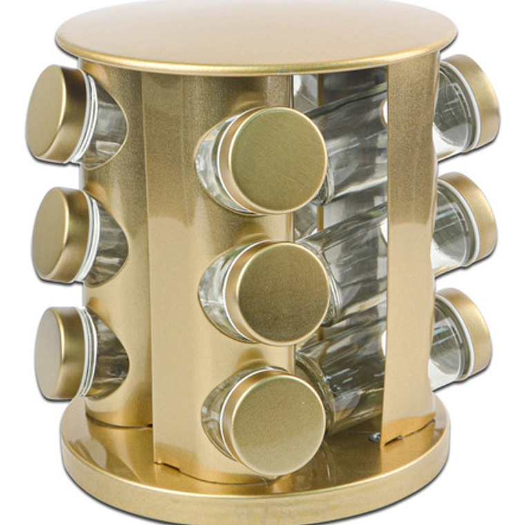 Especiero Giratorio Pettish Madera Bambú 3 Niveles 12 Frascos Vidrio Acero Dorado 2