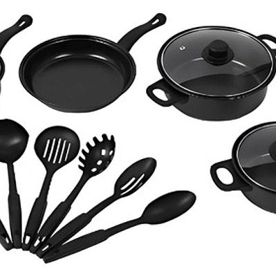 Set X 13 Piezas Batería Cocina Ollas Sartenes Antiadherentes Negro