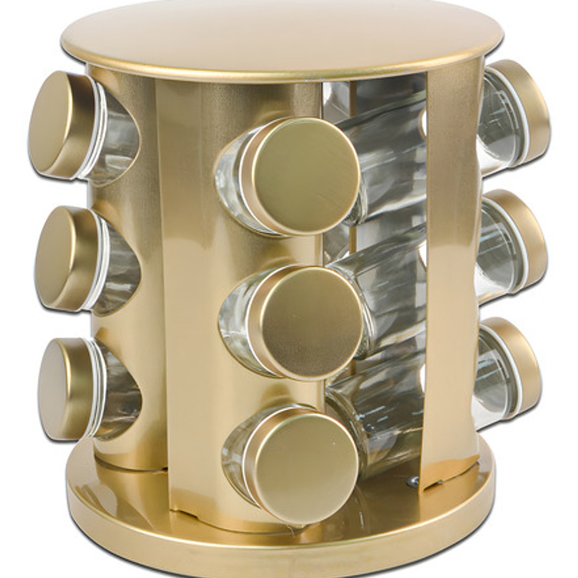 Especiero Giratorio Pettish Madera Bambú 3 Niveles 12 Frascos Vidrio Acero Dorado 1