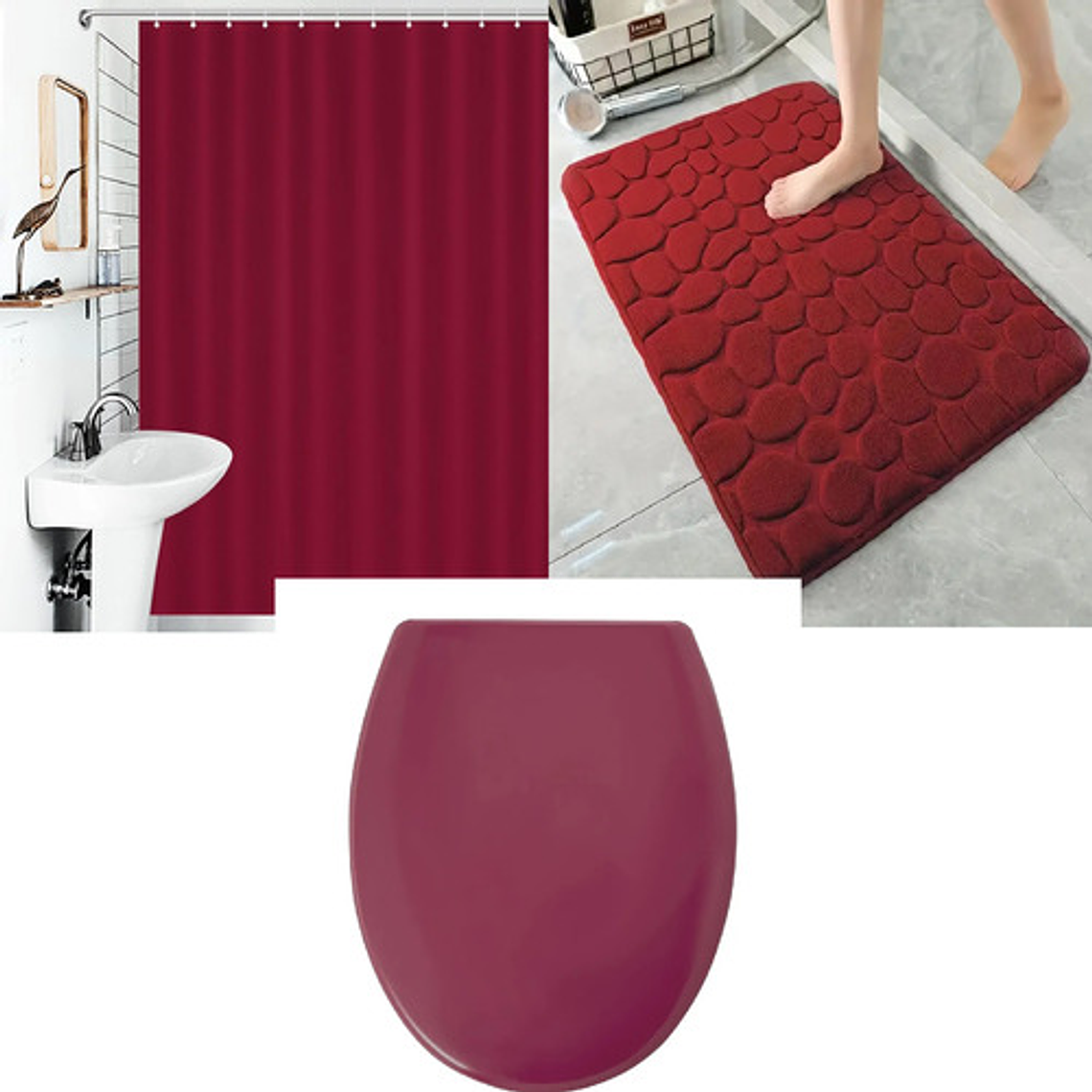 Set De Baño Burdeo 3 Piezas Tapa Cotina Alfombra 1