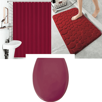 Set De Baño Burdeo 3 Piezas Tapa Cotina Alfombra