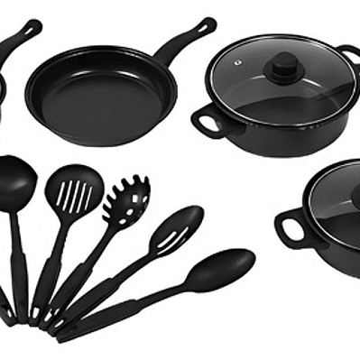 Set X 13 Piezas Batería Cocina Ollas Sartenes Antiadherentes Negro