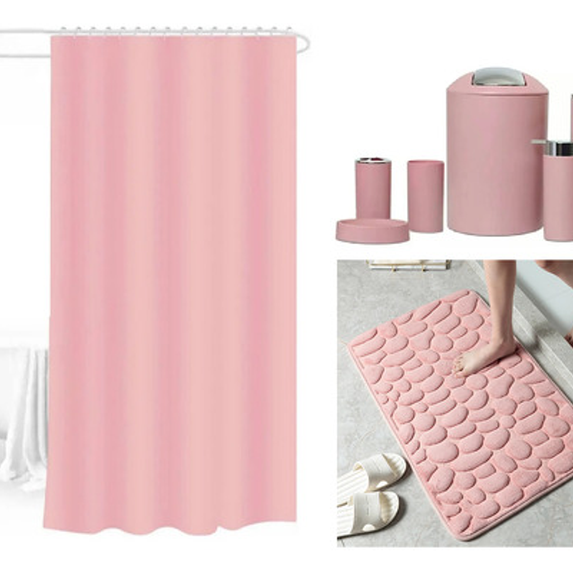 Set De Baño Rosado 8 Piezas Cotina Alfombra Organizador 1