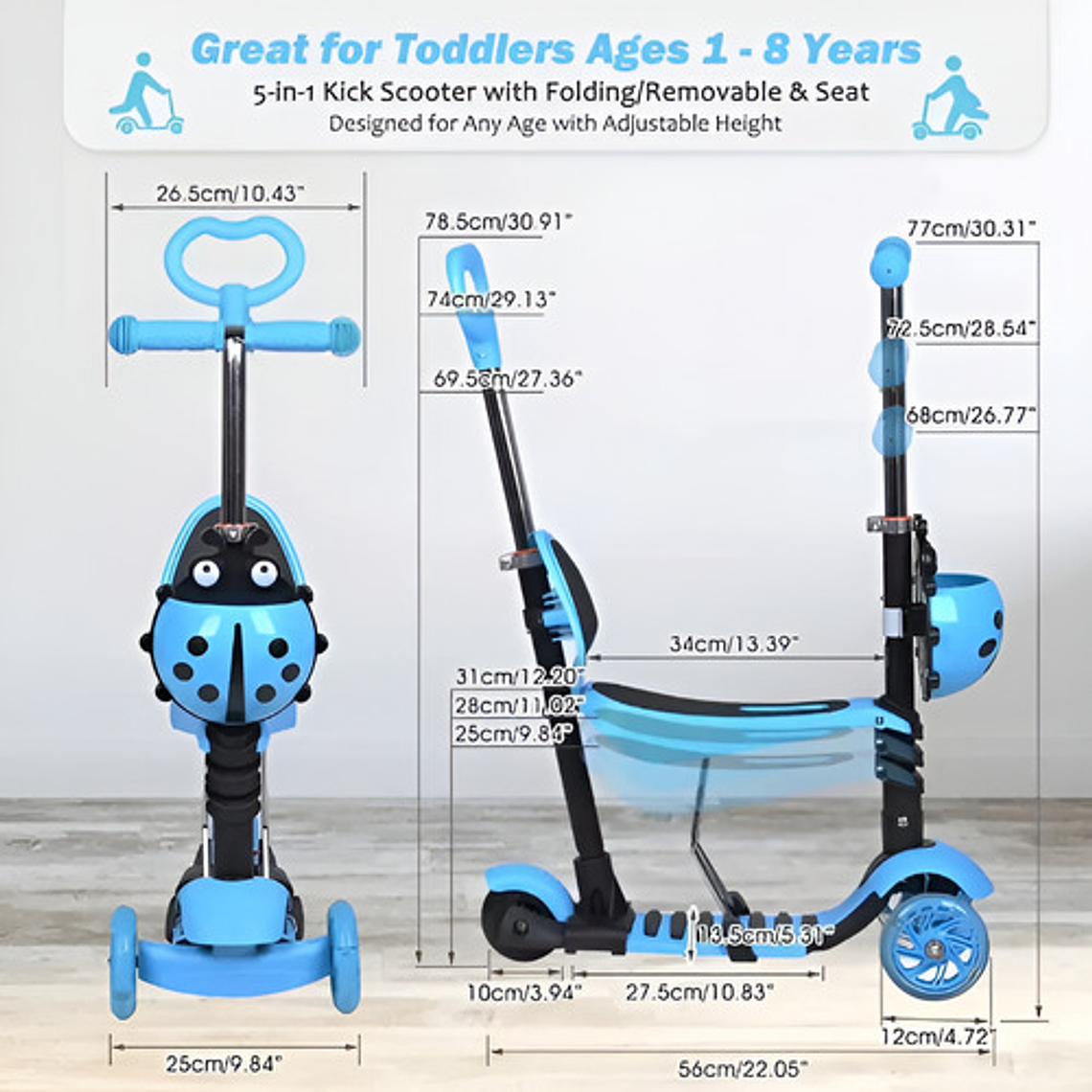 Monopatín Scooter 5 En 1 Con Luz Led Color Azul Mariquita 8