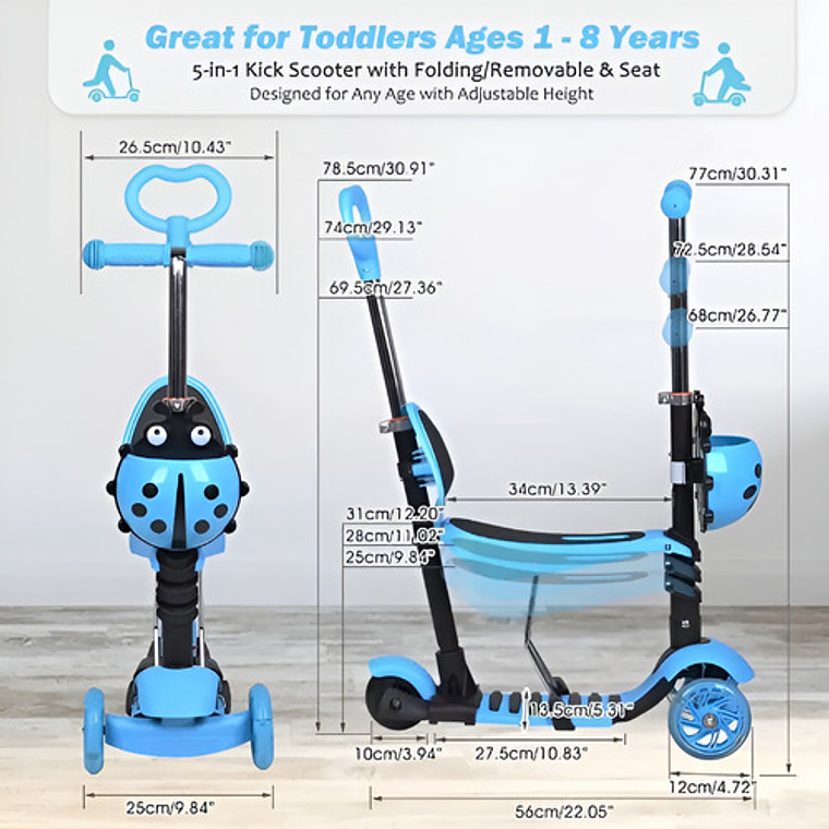 Monopatín Scooter 5 En 1 Con Luz Led Color Azul Mariquita 8