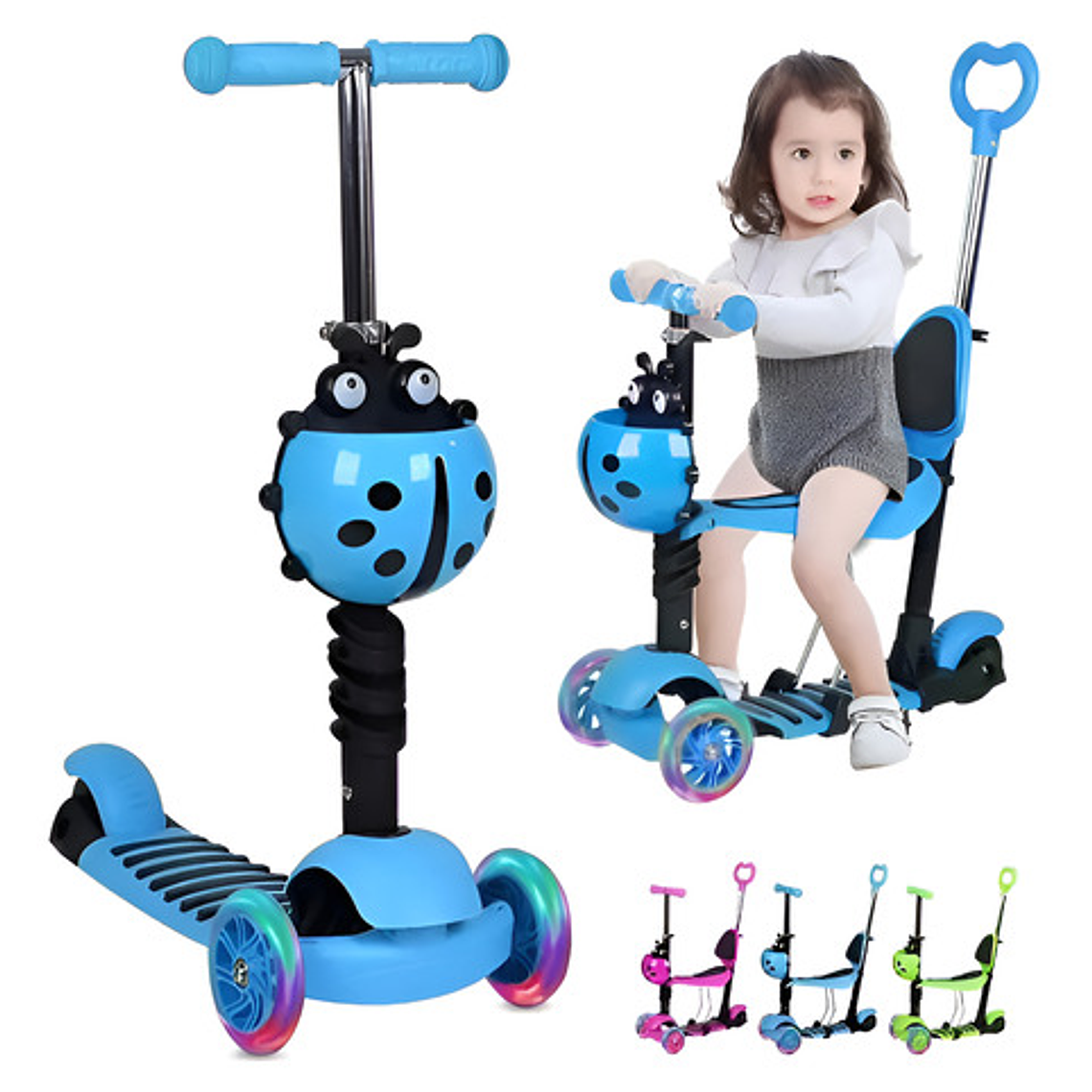 Monopatín Scooter 5 En 1 Con Luz Led Color Azul Mariquita 9