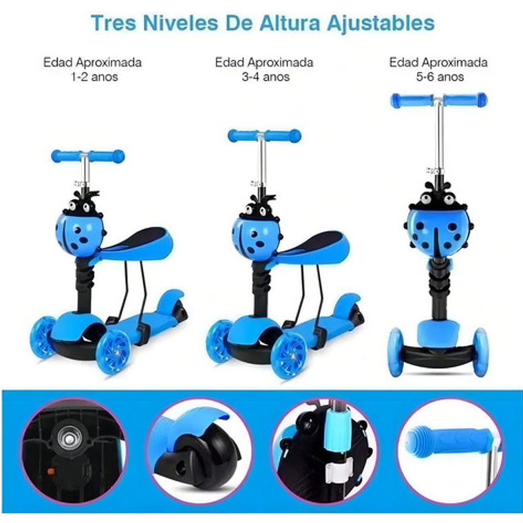 Monopatín Scooter 5 En 1 Con Luz Led Color Azul Mariquita 4