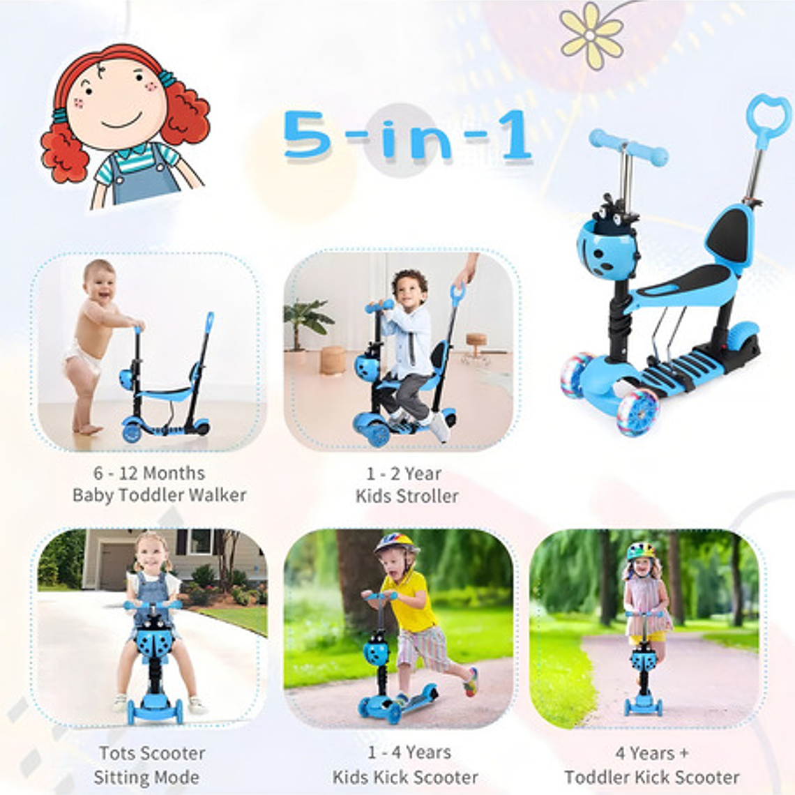 Monopatín Scooter 5 En 1 Con Luz Led Color Azul Mariquita 7