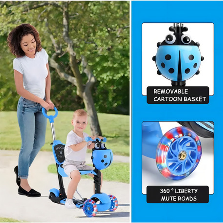 Monopatín Scooter 5 En 1 Con Luz Led Color Azul Mariquita 8