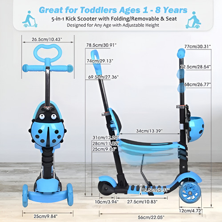 Monopatín Scooter 5 En 1 Con Luz Led Color Azul Mariquita 10