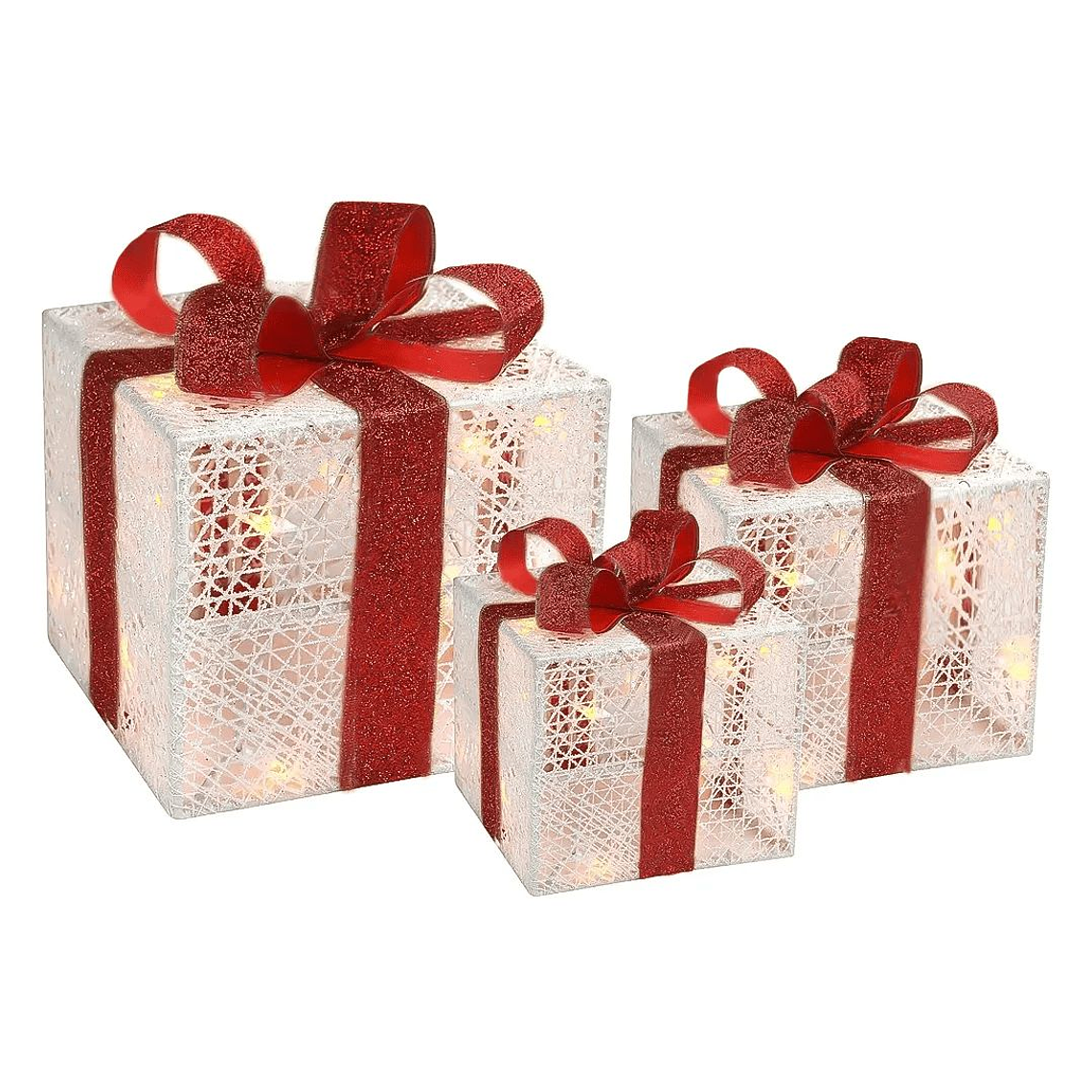 Set 3 Cajas Regalo Luces Decoración Navidad Blanco Cinta Roja 1