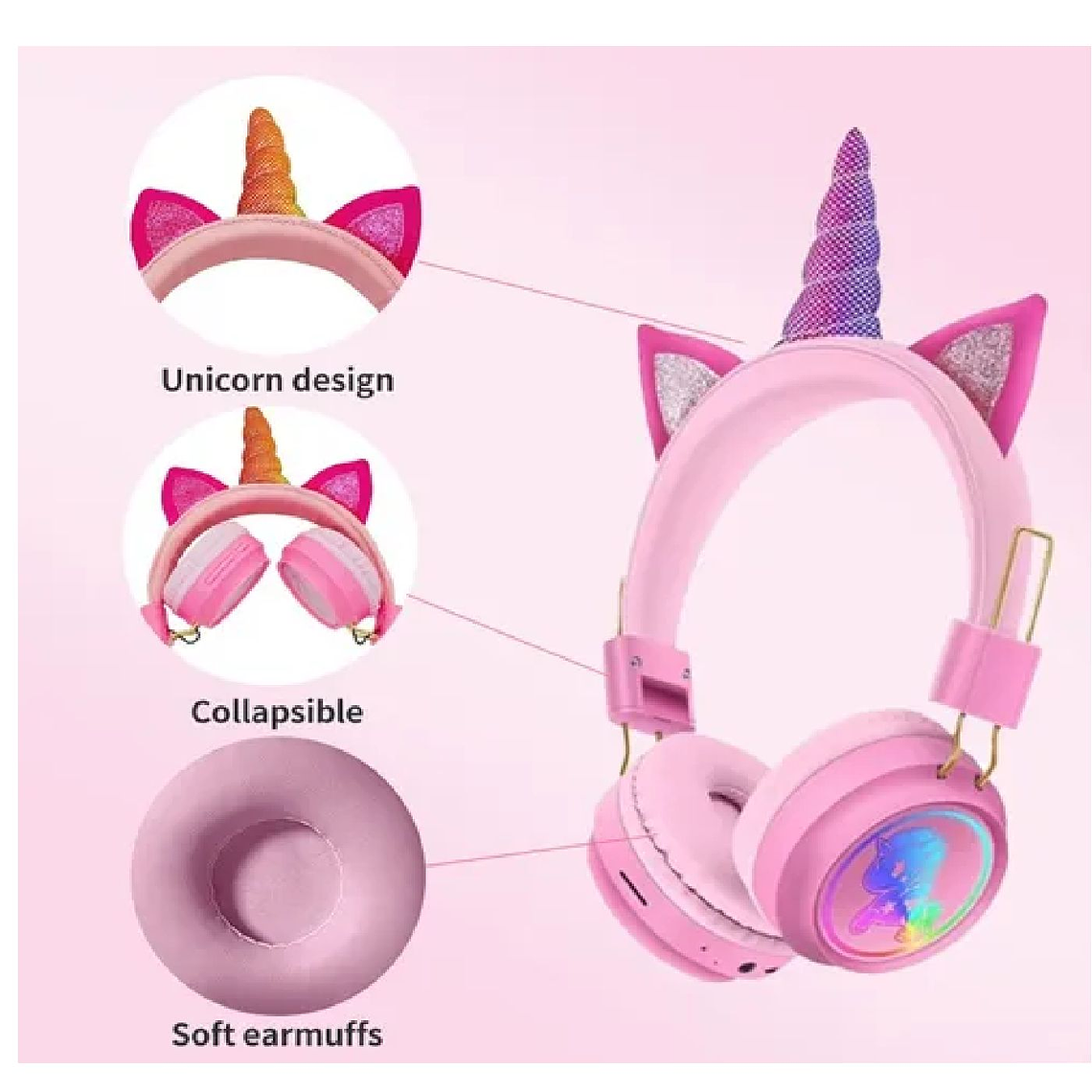 Audífonos Diseño Unicornio Inalámbricos Bluetooth Led 3